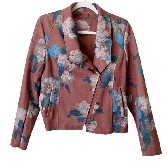 Elie Tahari | Faux Suede Floral Printed Drape Front Zip Jacket Pockets Brown S - Picture 3 of 10